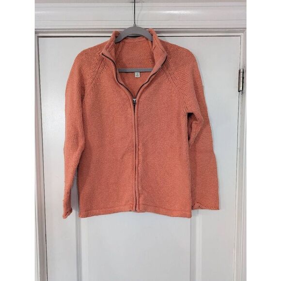 L.L. Bean‎ Zip Up Sweater women's medium petite coral cotton knit mock neck - Picture 1 of 8